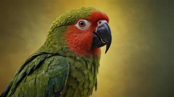 vibrant green parrot with a striking red beak in an alert pose on a bright yellow solid color background. photo