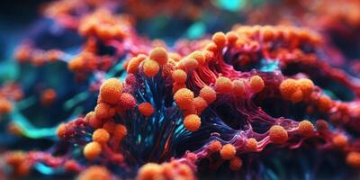 Abstract image of a colorful organic structure resembling a coral reef or a microscopic view of a biological organism. photo