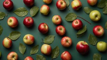 Apples and leaves arranged on a green background in a flat lay. photo
