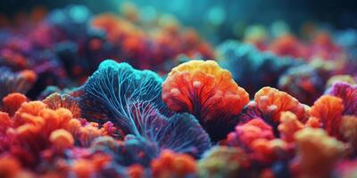 Abstract image of a colorful organic structure resembling a coral reef or a microscopic view of a biological organism. photo
