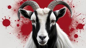Black and White Goat with Red Splatter Background. photo