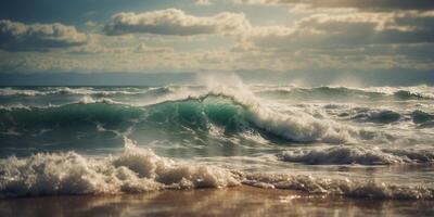 A large wave crashes into a beach's shore under a cloudy sky - two waves collide. photo