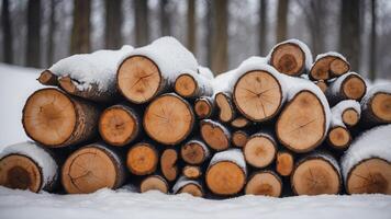 Firewood stack covered in deep snow by wooden structure with space for copy winter ready. photo