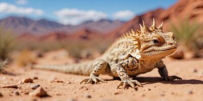 A close-up of a thorny devil lizard in the desert. photo