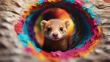 Curious Weasel Peeking Through a Colorful Hole. photo