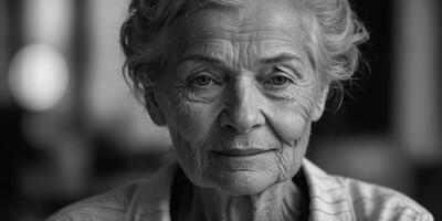 Deep wrinkles and soft smiles evidence of a lifetime of memories shared Black and white art. photo
