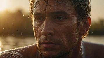 Pensive Man with Wet Skin in Golden Sunlight Contemplating Life. photo