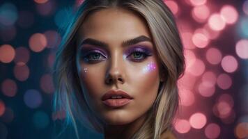 A beauty blogger demonstrating makeup trends using a futurisn'ttic digital background. photo