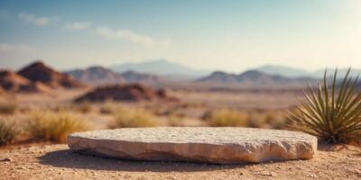 Empty Desert Stone Podium in Arid Landscape. photo