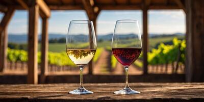 Scenic perspective of vineyard landscape seen from the interior of a rustic barrel room. photo