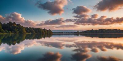 Vivid reflections of clouds in a serene lake with copy space image. photo