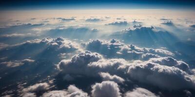 Majestic Aerial View of Fluffy Clouds Blanketing the Earth from High Altitude Flight. photo