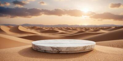 Empty marble podium displaying on desert sand with rolling dunes and cloudy sky background. photo