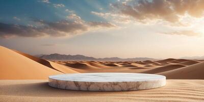 Empty marble podium displaying on desert sand with rolling dunes and cloudy sky background. photo