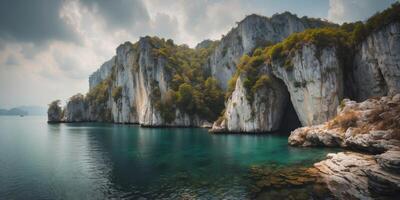 beautiful view of the sea bay with karst limestone islets and cliffs on a cloudy day. photo