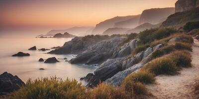 Foggy coastal path with rocky cliffs and vegetation along the shore at dawn. photo