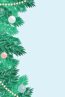 Winter background or frame with fir tree branches, toys and snow. vector