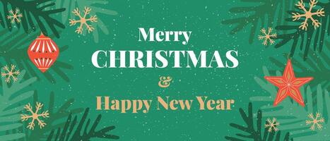 Merry Christmas and Happy New Year greeting card, web banner. Modern beautiful winter design with fir tree branches, balls and snowflakes. vector