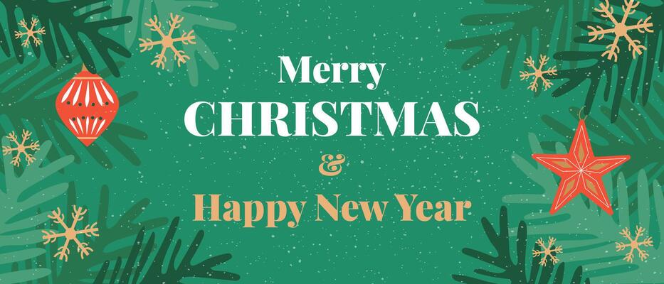 Merry Christmas and Happy New Year greeting card, web banner. Modern beautiful winter design with fir tree branches, balls and snowflakes.