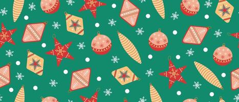 Seamless New Year or Christmas pattern with toys on a green background. vector