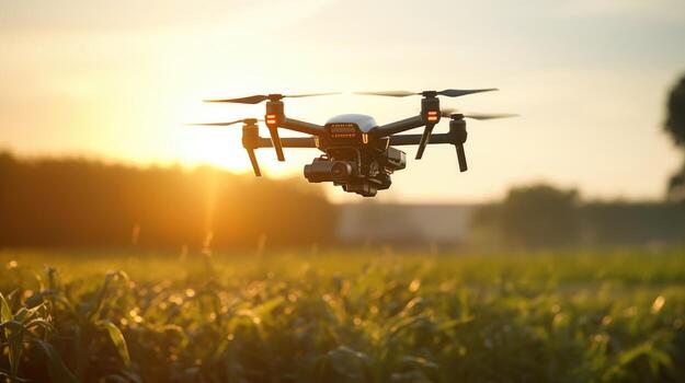 A drone flying over a large field of crops, equipped with sensors to monitor soil conditions and detect any potential pest or disease outbreaks, allowing farmers to take quick action. photo