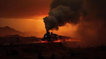 The sun struggles to shine through the dense layer of smoke, casting an eerie red glow over the scorched land. photo