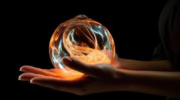 A sculpture of a womans hand cradling a glowing IVF embryo, representing the strength and courage needed to overcome the obstacles and achieve success in assisted reproduction. photo