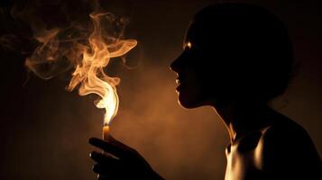 A silhouette of a person blowing out a candle, the smoke from the wick highlighted against the background. photo