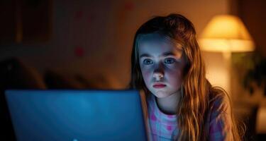A young girl with her laptop open looking scared and unsure of how to respond to threatening messages from an unknown online bully. photo