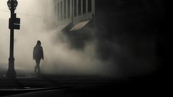 A lone figure walks through a cloud of smoke, their silhouette shrouded in mystery as they navigate the urban landscape. photo