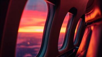 With the deep reds and purples of a sunset in full view through the window, the cabin curtains add an elegant touch to this private jet experience. photo