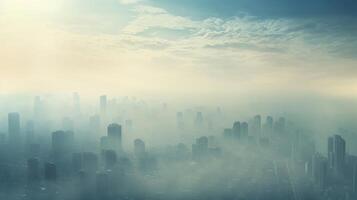 Hazy Metropolis A captivating view of a city enveloped in a hazy layer of pollution, illustrating the ongoing battle between urbanization and environmental conservation. photo