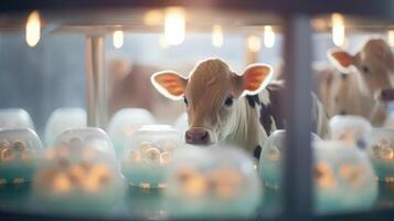 A series of images following the process of embryo transfer, from harvesting the embryos from a highly desirable bull and cow, to preparing and inserting them into surrogate cows for photo