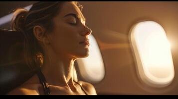 The warm glow of the setting sun highlights the focused determination on the face of the yoga instructor as she holds a challenging pose inside the sleek and modern private jet. photo