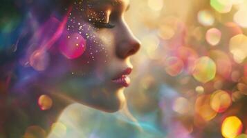A womans profile, her face adorned with delicate rainbowcolored crystals, giving the impression of a veil of lustrous, ethereal mist surrounding her. photo