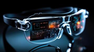 The fusion of virtual and real A closeup of a pair of glasses displaying a virtual interface, illustrating the potential of augmented reality to enhance our daily lives. photo