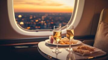 Sip on your favorite drink while admiring the breathtaking view of buildings and lights from the window of this luxurious tail table inside the private jet. photo