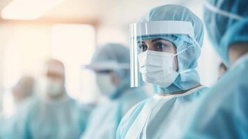 A team of doctors and nurses in a hospital don their personal protective equipment before entering a quarantined ward, taking all necessary precautions to stop a disease outbreak from photo