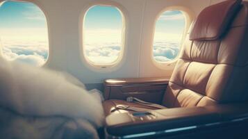 Take your seat in the lap of luxury and watch the world go by from high above, with a stunning view of the clouds outside your private jet window. photo