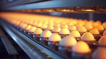 The sounds of chirping and whirring fill the air as rows upon rows of automated egg collection systems hum along, keeping up with the staggering production demands of this industrial egg photo