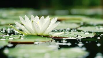 Captivating footage of raindrops creating elegant patterns on a tranquil lake, perfect for relaxation or meditation. photo