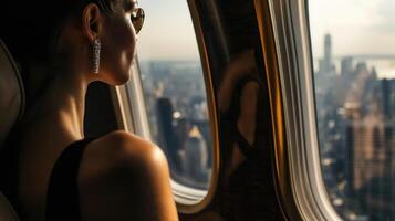 Against a backdrop of towering skysers, a fashion model exudes style and sophistication on the private jets scenic window. photo