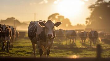 The tranquil morning scene on the dairy farm is complete with the sun rising over the horizon, illuminating the cows as they peacefully graze on the vast open fields. photo