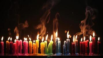 Multiple slowmotion shots of different colored candles being extinguished, each with their own unique smoke patterns. photo