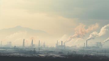 A mesmerizing view of the industrial district, with smog and haze dominating the scene, reflecting the harsh realities of manufacturing. photo