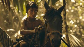 Closeup of a nomadic boy skillfully maneuvering his horse through a dense forest the trust between animal and rider evident as they navigate their way through the trees photo