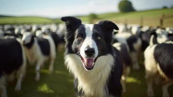 A black and white border collie herding a flock of sheep along a country road, barking energetically to keep them in line. photo