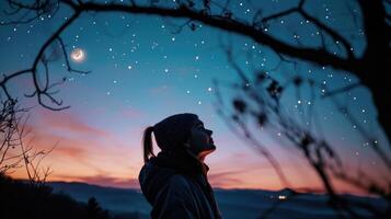 A person looking up at a clear night sky, capturing the stars and moon in a moment of stillness and wonder. photo