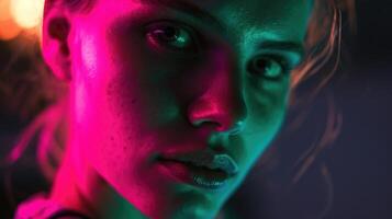 A portrait of a woman with neon green and pink lights highlighting her sharp features, adding a sense of intensity to the image. photo