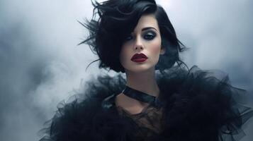 Mysterious smoke a model clad in bold and edgy fashion stands amidst a dense fog, leaving viewers intrigued and wanting more. photo